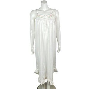 Laura Ashley Long Cotton Nightgown Womens L Lace Sleeveless Embroidered Flowers